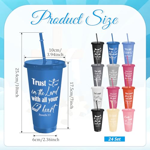 Cinrobiye 24 Pack Christian Tumblers with Lids and Straws, 24 oz Bible Verse Cups Bulk, Reusable Plastic Cups with Scripture, Religious Gifts Bulk for Church Events, Baptism, Bible Faith Celebrations - color: Morandi2