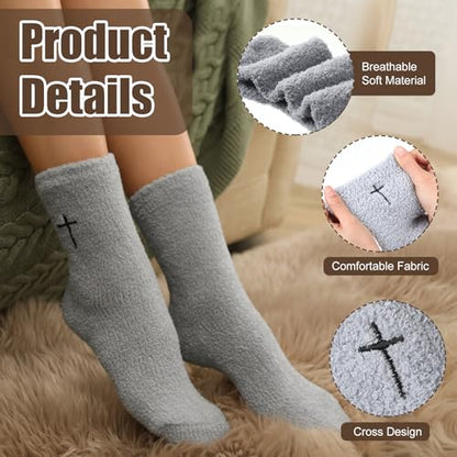 Cutecrop 5 Pairs Christian Gifts Socks Cross Print Fuzzy Socks Jesus Gifts Religious Fluffy Cozy Slipper Sock for Women Men - color: Dark Color