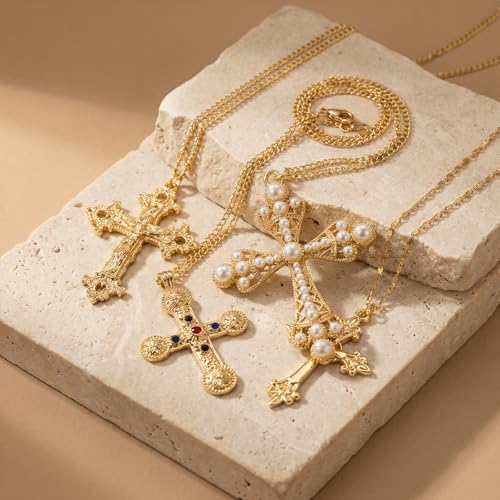Layered Cross Necklace Silver Set for Women, 4-Piece Chunky Pearl Cross Stack Christian Necklaces, Adjustable Vintage Long Y Boho Gothic Statement Jewelry Gift - style: Gold 1-4Pcs