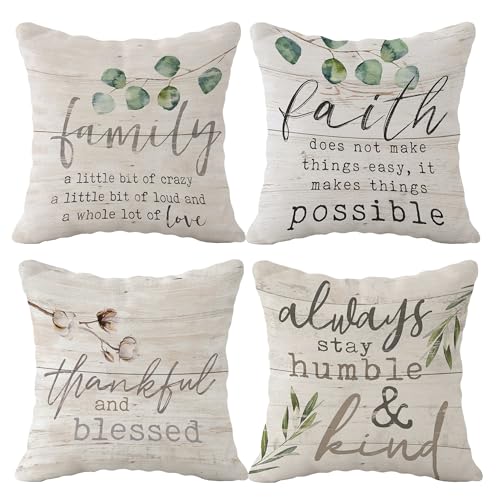 (RB) Thankful And Blessed Throw Pillow Case, 18 x 18 Inch Set of 4, Housewarming Gifts Family Room Decor, Farm Porch Bench Decor, Farm Room Decor, Always Stay Humble Kind Pillows Cover for Sofa Bed - color: Faith 2