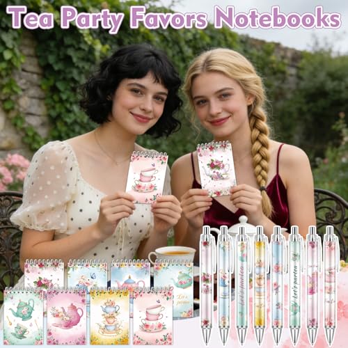 48 Pcs Tea Party Favors Tea Notebook with Floral Ballpoint Pens - style: Tea