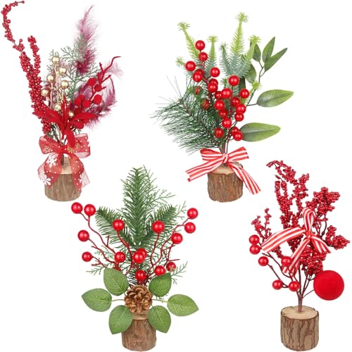 4 Pcs Mini Christmas Trees Table Decorations Small Christmas Tree with Christmas Ornaments Pine Cone Berry Artificial Xmas Tree Centerpieces for Home Indoor Fireplace Mantel Party Winter Decor