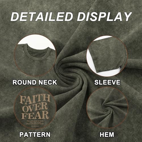 Christian Faith Over Fear Shirt for Men Jesus Religious Shirts Oversized Graphic Tees Acid Wash God T-Shirt - color: Army Green, size: X-Large