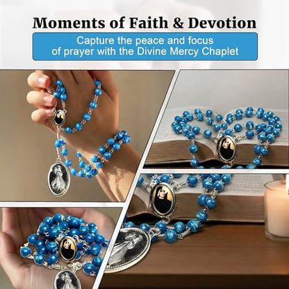 SANCTUM VERITAS Saint Faustina Kowalska True Relic Chaplet Apostle Divine of Mercy Miraculous Medal Jesus I Trust in You Chaplet Three O' Clock Prayer Poland Polish Novena - color: Blue