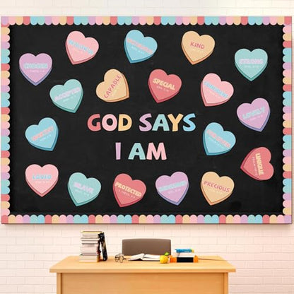 Kosiz 64 Pcs Valentine Christian Hearts Bulletin Board Cutouts Decoration - style: Valentine