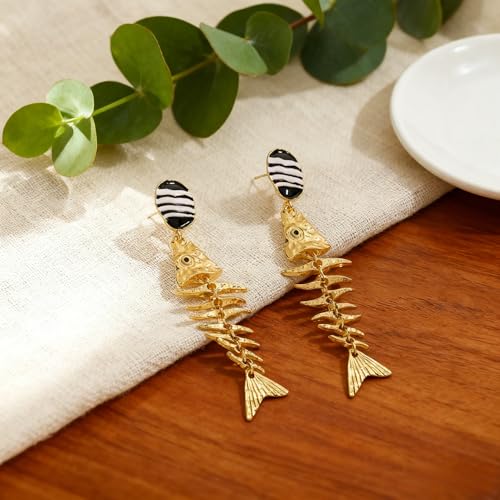 Creative Exaggerated Ocean Animal Drop Dangle Earrings for Women, Bohemia Style Alloy Lobster Octopus Fish Crab Earrings for Summer Beach Holiday Party Jewelry Gifts - style: Gold Fish Bone Earrings