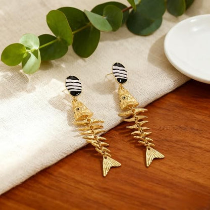 Creative Exaggerated Ocean Animal Drop Dangle Earrings for Women, Bohemia Style Alloy Lobster Octopus Fish Crab Earrings for Summer Beach Holiday Party Jewelry Gifts - style: Gold Fish Bone Earrings