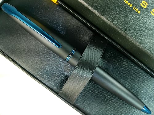 Cross ATX Refillable Special Edition Basalt black Ballpoint Pen signature blue PVD clip, finial, and center band - color: Blue/Black