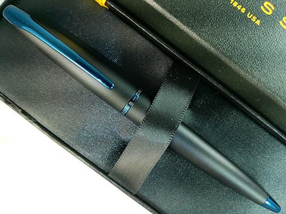 Cross ATX Refillable Special Edition Basalt black Ballpoint Pen signature blue PVD clip, finial, and center band - color: Blue/Black