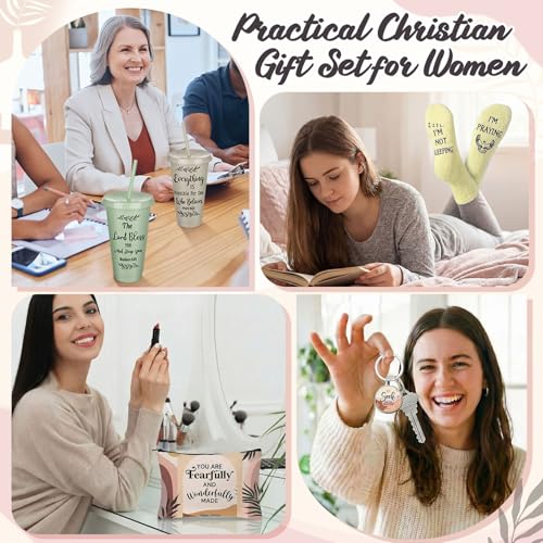 Funnymoom 24 Pcs Christian Church Gifts Bulk for Women 24 oz Boho Religious Plastic Tumbler Cup Bible Verse Makeup Cosmetic Bag Crew Sock Inspirational Keychain for Church Volunteer VBS Sunday School - style: Modern Boho Christian