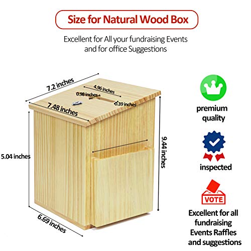 Wood Charity Donation collection Box Office suggestion Ballot Box With wide slot for envelopes and suggestion comment forms, side Pocket and Locking Hinged Lid & Pen for Table Or Counter-top(Natural) - color: Natural Wood