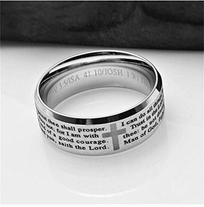 Men's Stainless Steel Bible Verse Christian Lord's Prayer Cross Ring Wedding Bands Engraved Praying - color: Silver