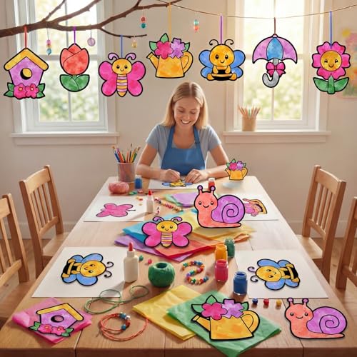Motipuns 32 Pcs Spring Suncatcher Craft Kit, DIY Glass Effect Ornaments - style: Spring