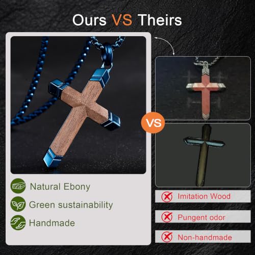 Wooden Cross Necklace for Men with Stainless Steel Adjustable Chain 24-26in, Christian Wood Crucifix Pendant Gift for Him - style: Blue Ebony