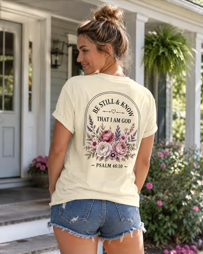 Christian Shirt for Women Be Still and Know Psalm 46:10 Graphic T-Shirt - color: Creamy Yellow-1, size: Small