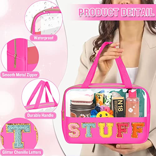 Chenille Letter Clear Makeup Bags Stuff Tote, Preppy Patch Makeup Bag Zipper with Handle, Waterproof PVC & Nylon Portable Glitter Large Cosmetic Travel Toiletry Storage for Women Girls(STUFF-Rose) - color: STUFF-Rose