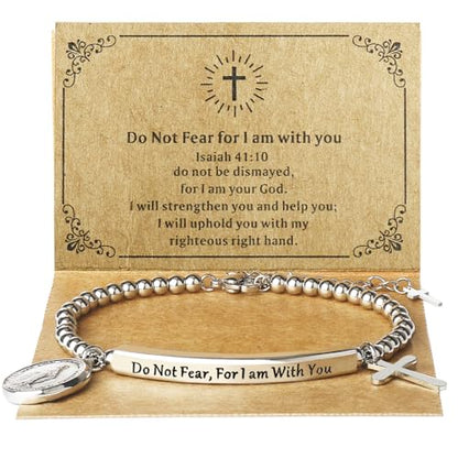 DS Women Christian Charm Bracelet,Cross Scripture Stainless Steel Jewelry - style: Do not fear for,I am with you-Silver