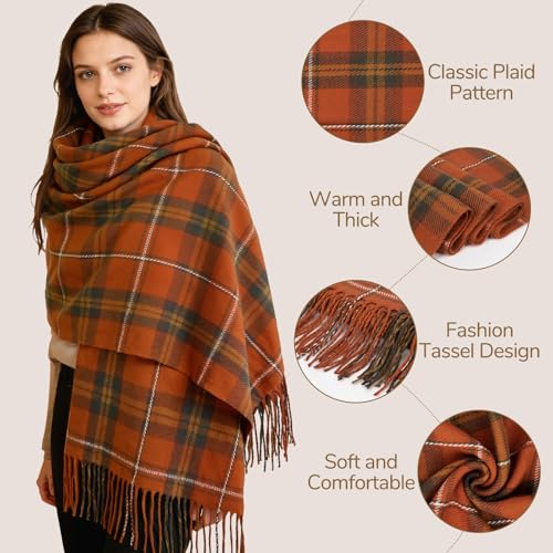 Loritta Winter Scarf for Women, Long Plaid Shawl Wraps Scarves Gifts - color: U-orange Dark Green Lattice
