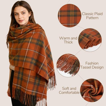 Loritta Winter Scarf for Women, Long Plaid Shawl Wraps Scarves Gifts - color: U-orange Dark Green Lattice