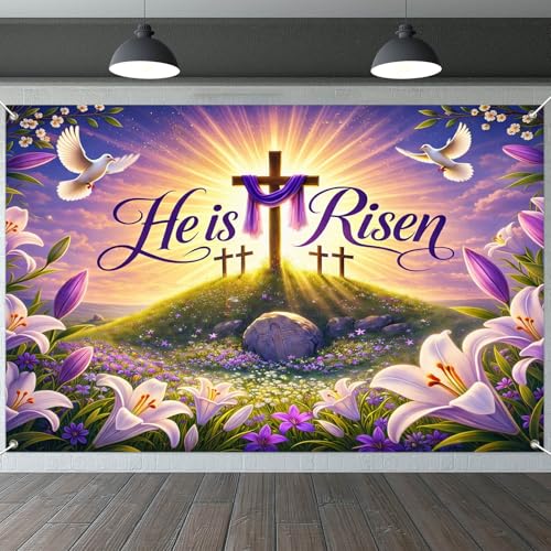 IVN He Is Risen Easter Banner 71x43 Inch Christian Resurrection Cross Lily - color: He Is Risen Cross Sunrise Christian Easter