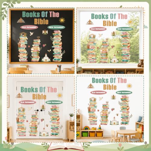 Christian Sunday School Bulletin Board Set Books of The Bible Classroom Decor Religious Bible Learning Chart Old New Testament Books Paper Cutouts for Jesus Church Classroom Chalkboard Wall Supplies