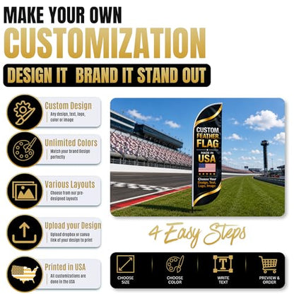 Custom Feather Flag by BCB Print, Personalized Swooper Flag with Photo, Text or Logo, 11.5x2.5 FT Single-Sided HD Print, Optional Add-On 15 FT Pole Kit & Ground Spike, Made in USA, Fast Delivery - color: Feather Flag +/– Ground Spike Kit