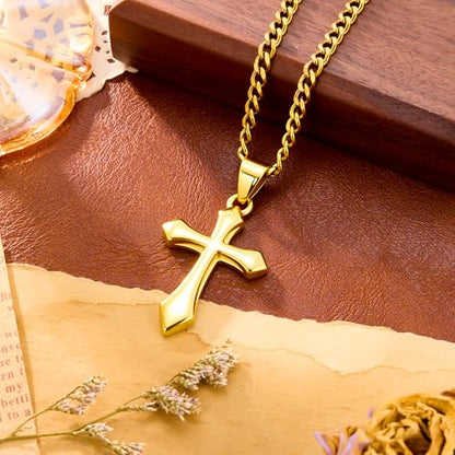 ALEXCRAFT Gold Cross Necklace for Men,14K Gold Plated Cross Pendant Necklace Cuban Chain Stainless Steel Cross Necklace Faith Cross Jewelry Gift Minimalist Trendy Pendant Necklaces - color: Gold