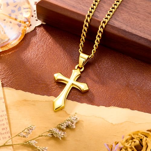 ALEXCRAFT Gold Cross Necklace for Men,14K Gold Plated Cross Pendant Necklace Cuban Chain Stainless Steel Cross Necklace Faith Cross Jewelry Gift Minimalist Trendy Pendant Necklaces - color: Gold
