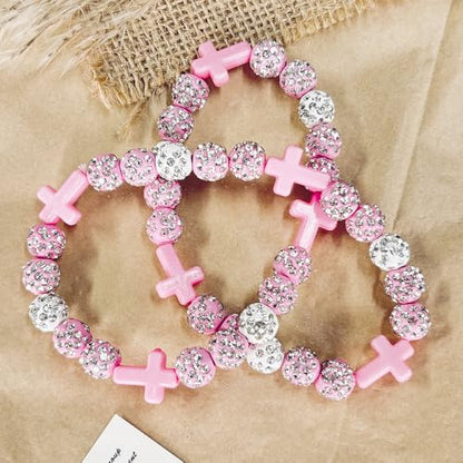 Baseball Bead Cross Necklace for Boys Kids, Elastic Rhinestone Bling Necklace Drip Gifts for Teens Players - color: Pink Cross/Pink/White