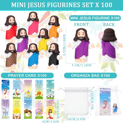 Barydat 100 Sets Mini Jesus Figurines Bulk Easter Gift Little Jesus Figures Tiny Toys Christ Savior Doll with Cards Bags for Religious Party Favors Sunday School Baptism Gift(Cute Style) - style: Cute Style