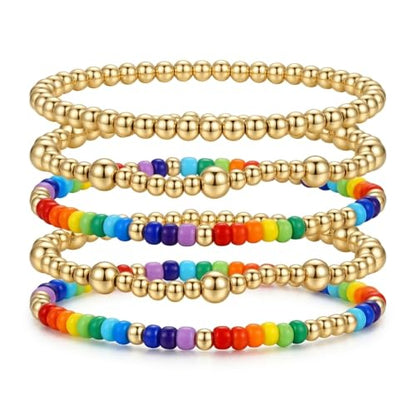 Gold Pearl Beaded Cross Bracelets Stack Set for Women, Boho Handmade Colorful Small Beads Stretchable Jewelry Friendship Summer Trendy Gift. - color: Rainbow