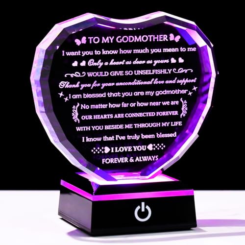 Arikyrist Godmother Gifts from Godchild with Colorful Light Base, Birthday Gift for Godmother Crystal Heart Keepsake, To My Godmothers Gifts from Goddaughter Godson on Mothers Day Christmas - color: Godmother Gifts + Light Base