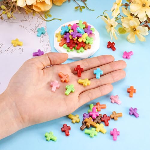 Magibeads 100Pcs Acrylic Cross Beads Assorted Crucifix Easter Bracelet Beads for Keychain Crafts DIY Jesus Bracelet Rosary Jewelry Making Supplies 16.5x12.5mm - color: Random Colors Faux Turquoise