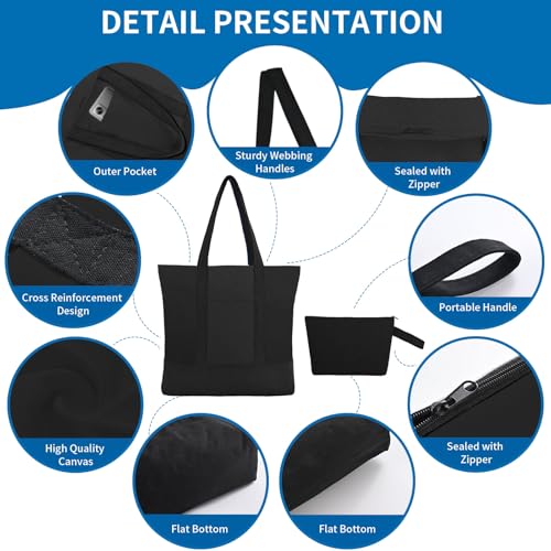 2-Pack Canvas Tote Bags and Makeup Bags, Cotton Zipper Bag, All Black - color: All Black