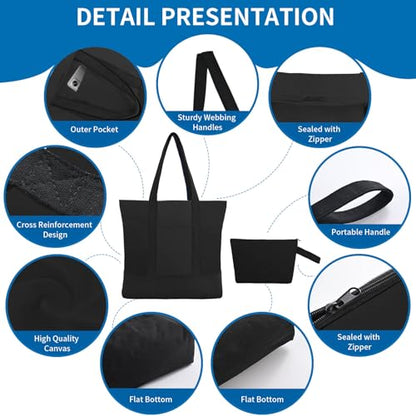 2-Pack Canvas Tote Bags and Makeup Bags, Cotton Zipper Bag, All Black - color: All Black