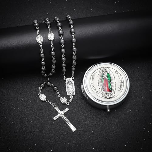 KOMI 6mm Glass Pearl Rosary Beads Catholic for Women with Metal Rosary Box Religious Gifts - style: Guadalupe-hematite