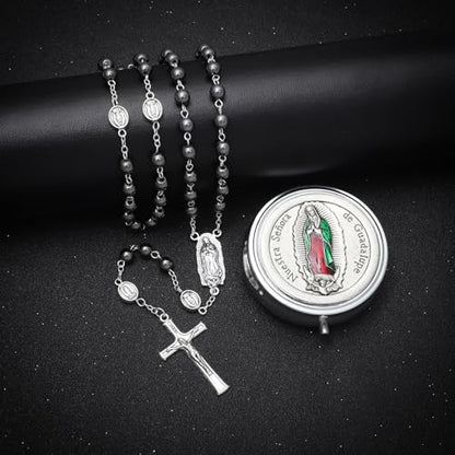 KOMI 6mm Glass Pearl Rosary Beads Catholic for Women with Metal Rosary Box Religious Gifts - style: Guadalupe-hematite
