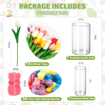 ALFEVA Easter Decorations-Vase in Vase 15pcs Artificial Tulips and 56 Peeps Bunnies Filler, Easter Vase Set Ready to Display，Spring Decorations for Home Table - size: 4.7"/2.7" Vase with 15 Tulips & Bunny