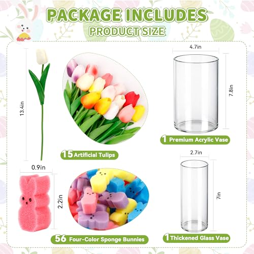 ALFEVA Easter Decorations-Vase in Vase 15pcs Artificial Tulips and 56 Peeps Bunnies Filler, Easter Vase Set Ready to Display，Spring Decorations for Home Table - size: 4.7"/2.7" Vase with 15 Tulips & Bunny
