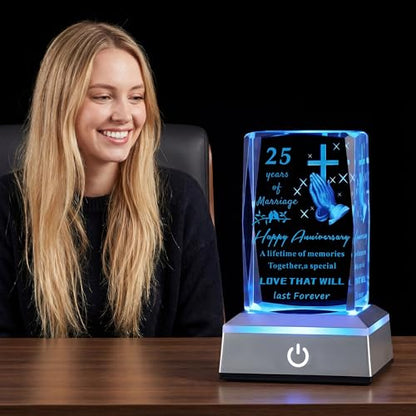 25th Wedding Anniversary Crystal Gifts for Couples with LED Base, Laser Engraved Happy Anniversary Keepsake Gift for Wife Husband, Marriage Gifts for Her Him - color: 25TH Wedding Anniversary