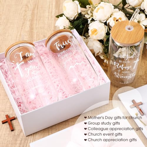 Skylety 32 Sets Christian Glass Cups for Women with Lids Straws Brushes