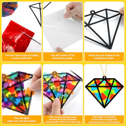 Lonfliness 32Sets Jewel Suncatchers Ornaments Kit DIY Window Stained Glass Effect Paper for Sun Catchers Craft Home Decor Creative Art Projects Activity Birthday Gift - style: Diamond