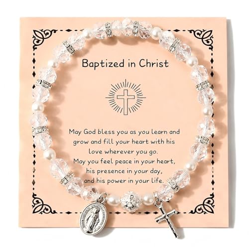 Women Stretch Rosary Bracelet Beaded Crucifix & Miraculous Medal - color: baptized christ1