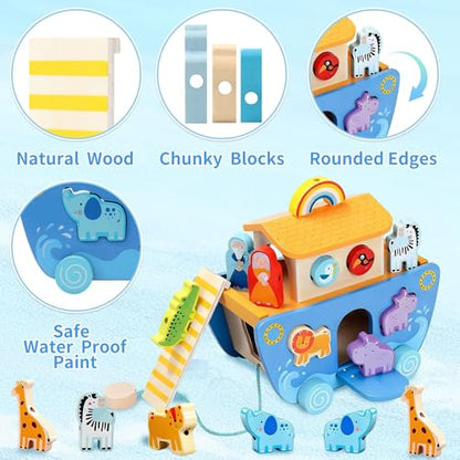 Wooden Noahs Ark Toy with Animal|Baby Baptism Gifts for Boys and Girl