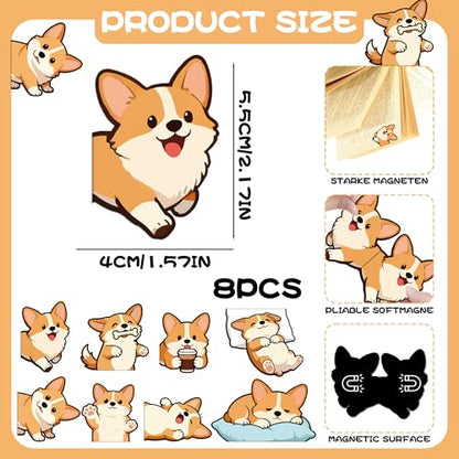 Corgi Magnetic Bookmarks Gifts - 8 Pcs Cute Dog Funny Bookmark - style: Corgi