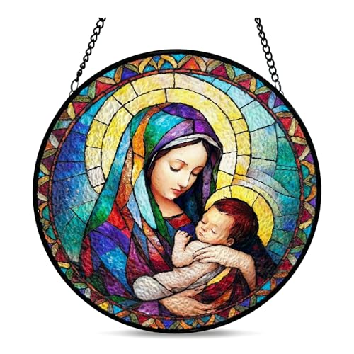 8 Inch Stained Glass Window Hanging, Mother Mary and Baby Jesus Suncatcher, Catholic Gifts for Women, Religious Christian Home Decor, Jesus Plush Companion Gift(B6) - color: B6