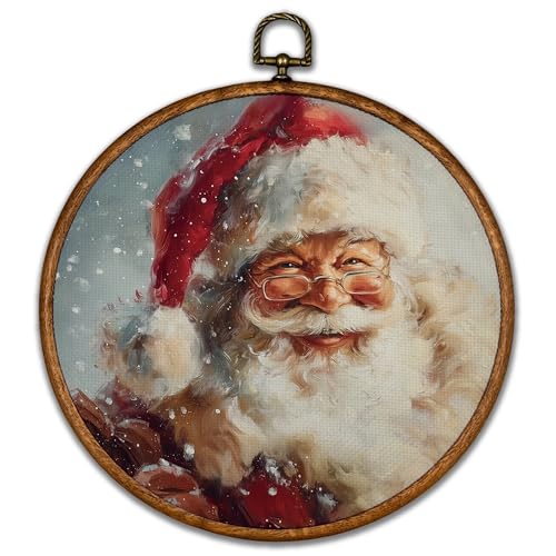 BCUANGD Santa Claus Round Wall Art Decor - Vintage Winter Christmas Wall Art Canvas Frame Artwork Prints, Rustic Holiday Xmas Cottage Round Wall Hanging Decorations for Home Farmhouse, 10"x10" - color: Christmas-11