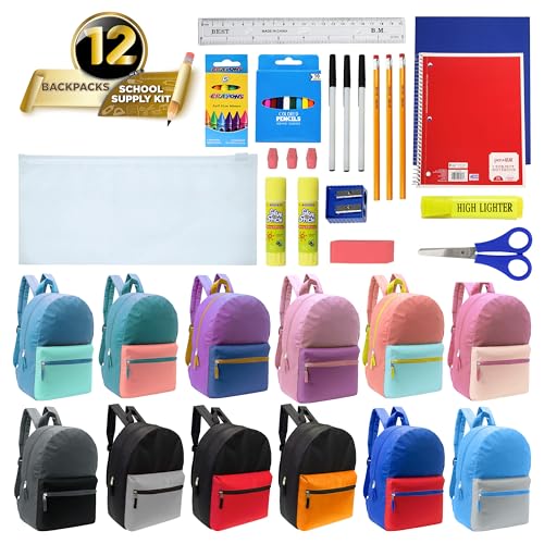 12 Packs 17" Bulk Backpacks with 34 Piece School Supply Kit, 12 Colors - color: 2 Tone, size: 34 Piece SS Kit
