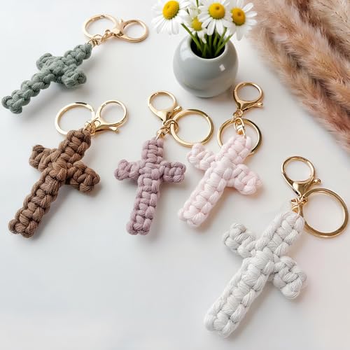 Macrame Cross Keychain,Jesus Key Chain Christian Car Accessories Handmade Soft Cross Keychain Cute Baptism Faith Inspired Boho Decor for Women Men Religious Gifts(Olive)