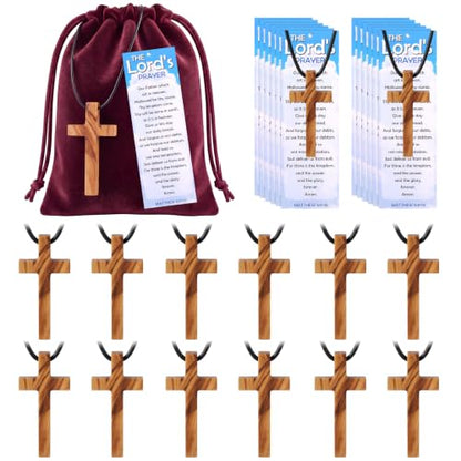 Unittype 12 Sets Christian Olive Wood Cross Necklaces with Prayer Bookmarks